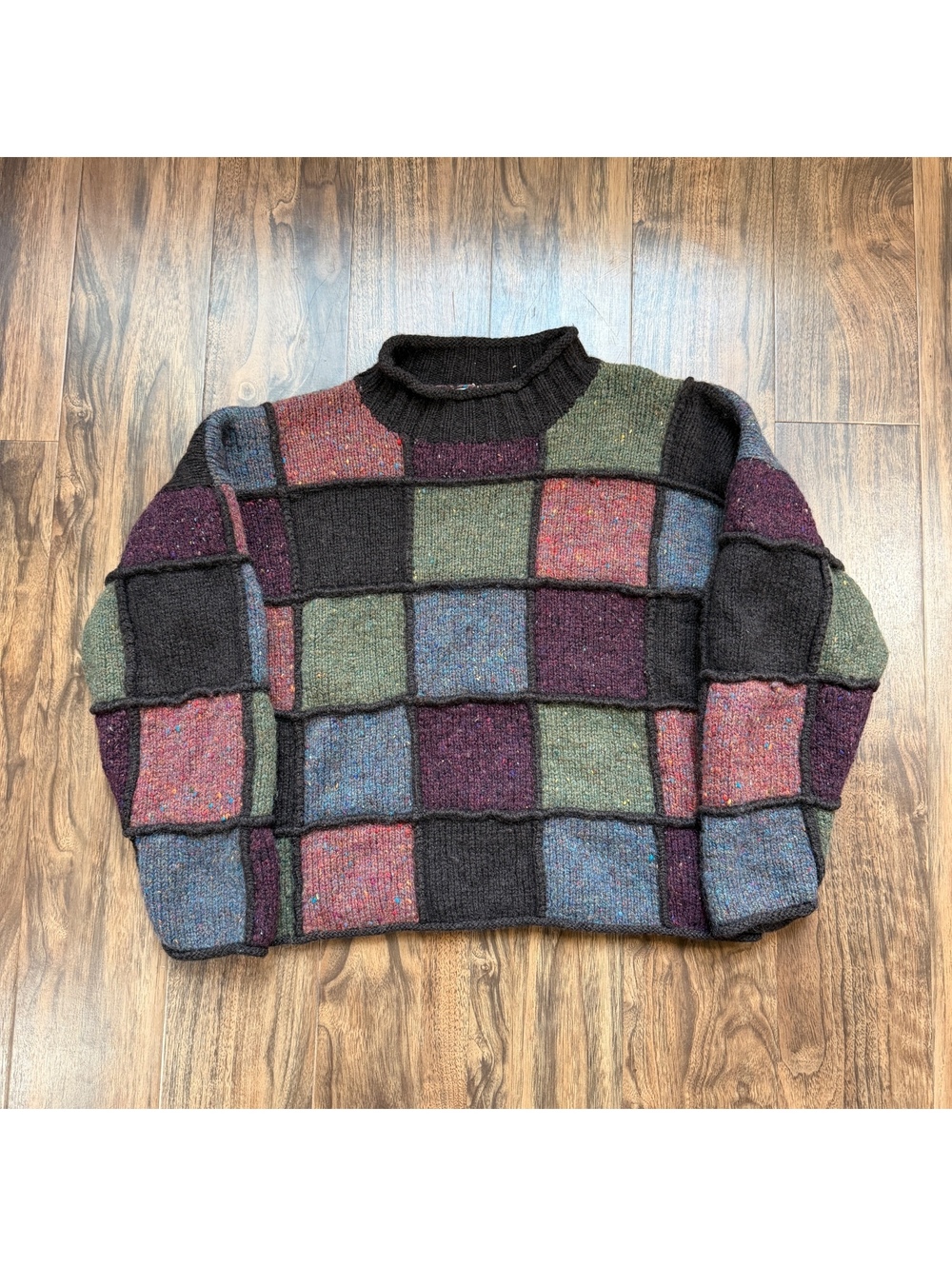 Vintage 90s Tweeds Shetland Wool 3D Patchwork Mockneck Sweater M Chunky